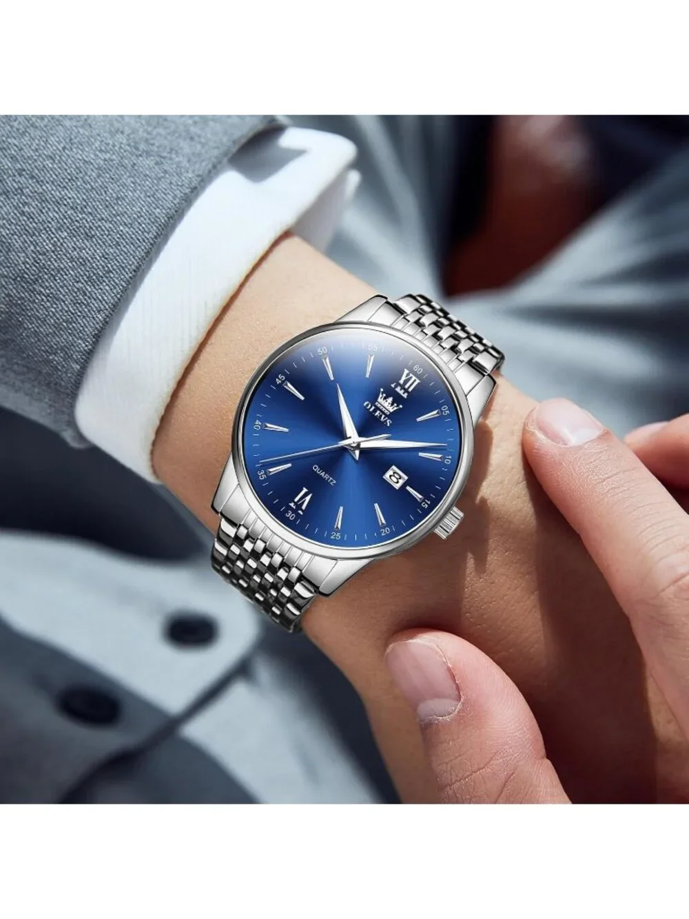 Men's Blue Silver Stainless Steel Band Waterproof Roman Numbers Classic Watch